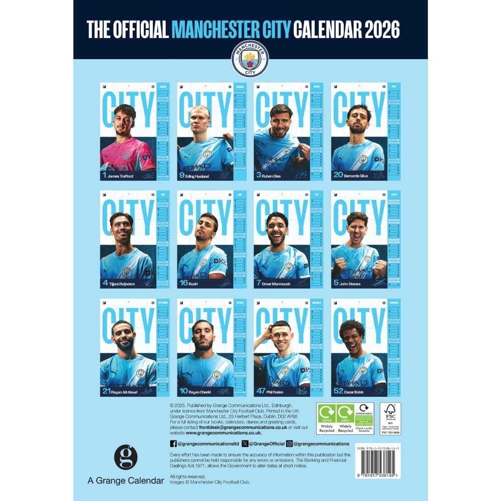 Manchester City FC A3 Calendar 2026, Birthday, Christmas Gift Official Product