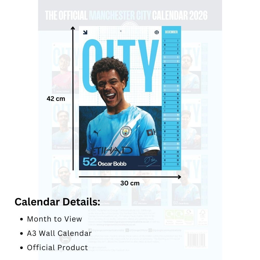 Manchester City FC A3 Calendar 2026, Birthday, Christmas Gift Official Product