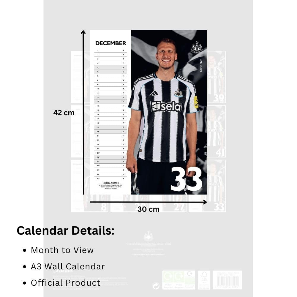 Newcastle United FC A3 Calendar 2026, Birthday, Christmas Gift Official Product