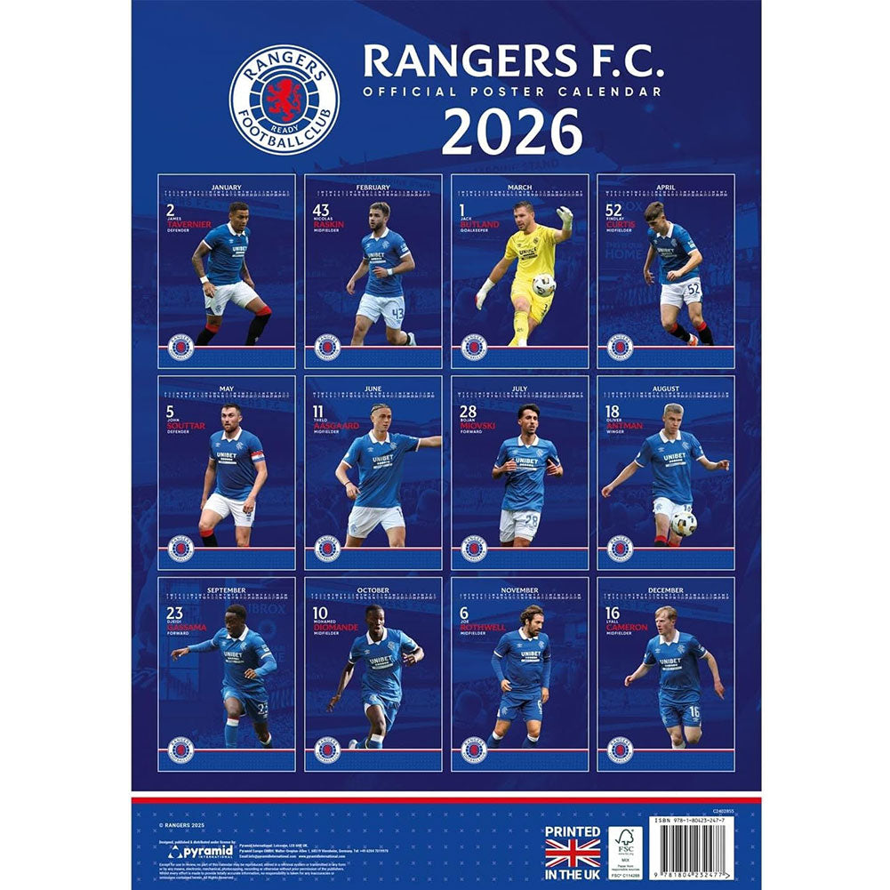 Rangers FC A3 Calendar 2026